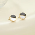 Boucles d'oreilles rondes dorées avec émail noir et incrustation en nacre - Bloc de Couleur Noir Blanc (Or) (GR0058)