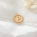 Golden round pendant with embossed letter P and beaded edge for DIY jewelry making - Letter P Style (P24278/P) / Strong Color Retention Gold Plating