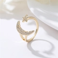 Star and moon gold open ring with sparkling pavé cubic zirconia on minimalist white background - Star and Moon Style (H-6097)
