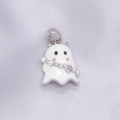 Cute ghost pendant with white enamel and pearl chain in silver finish for DIY jewelry - Palladium White (H-10727)