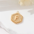 Vintage hexagon gold metal pendant featuring embossed letter F with beaded edges - Gold Letter F (P24279-F)