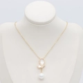 Elegant gold butterfly necklace with shell inlay and pearl drop on jewelry bust - Butterfly Pearl Pendant (S-0148)