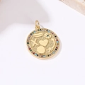 Minimalist 14k gold geometric coin pendant with embossed symbols and colorful zircon stones - Vintage Coin Relief Pendant (H-9438)