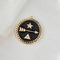 Black enamel round pendant with gold arrows and rhinestone star in 14K gold plating - Round Geometric Arrow Style (D1054)