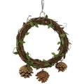 Detail of natural rattan wreath with green leaves and hanging pinecones for bird nests - Green Leaf Vine Ring Pinecone Style / Standard Type