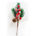 Detail view of snowy red berries, green pine needles and a natural pine cone branch - 1 Piece / 1081# Red Long Pine Needle