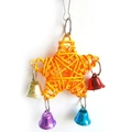 Orange rattan star bird toy with four colorful metal bells and a hanging hook - Orange