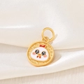 Detail of a golden round pendant featuring a cute cartoon chicken with white enamel finish - D1463 (Rooster - Enamel)