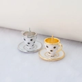 Miniature cup and saucer charms with black polka dots in gold and silver finish - 14K Gold (N-0270)