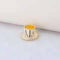 Miniature cream teacup pendant with gold trim and elegant black vertical stripes - 14K Gold (N-0269)