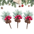Artificial pine needles with red berries and snow powder for Christmas gift box decor - Snowy Pine Picks Red Berry