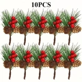 10-piece set of artificial pine needles with red berries and pinecones for Xmas DIY - Christmas Pine Picks Red Berry