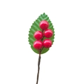 Künstlicher Weihnachtsbeeren-Zweig mit fünf roten Beeren und einem dunkelgrünen Blatt - Grünes Blatt 5 Beeren Stil