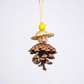 Detail of handmade bird toy with natural pinecone, wooden bead and mini straw hat decoration - Pinecone Doll with Hat