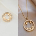 Collana con ciondolo sorriso placcata oro 14K con pavé di zirconi bianchi lucidi - Stile Faccina Sorridente (Oro 14K H-6368)