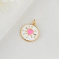 Minimalist 14k gold plated round heart pendant with white enamel and pink heart detail - Gold with Pink Hearts