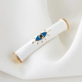 Bohemian copper evil eye cylinder bead with white enamel and sparkling crystal details - White