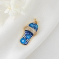 Detail of blue enamel slipper pendant with gold plating and evil eye motif - Flip Flop Style H-6484 / Blue