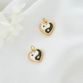 14K gold plated heart-shaped Yin Yang pendants with black and white enamel and zircon - Black and White Tai Chi Style (H-6850) / Single Loop Pendant (With Rhinestone)