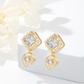 14k gold plated square zircon earrings with teardrop pendants on white stone display - Square Water Drop Style (H-4635) / 14K Gold