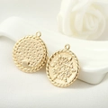 14k gold plated round pendant set with hammered texture and floral relief pattern - 14K Gold / Hammered Floral Pattern Style (H-4765)