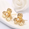 DIY 14k gold plated flower stud earring with hammer texture and white pearl center - Back Hanging Loop Style (H-3959)
