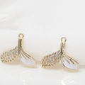 14K gold plated dolphin tail pendants with white zircons and enamel for jewelry making - White