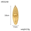 Golden surfboard charm with palm tree relief, measuring 3.0cm by 1.1cm and 2.8g weight - Coconut Tree Surfboard Shape (HP2521B1)