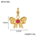 Detail of gold bow pendant with red stone, measuring 1.4cm x 2.1cm and 2.4g weight - Hammered Bowknot Style-Red (BP2419B5)