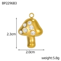 Vista dettagliata del ciondolo a fungo dorato con misure di 2,3 cm e 2,0 cm - Stile Fungo in Strass Bianco Trasparente (BP2296B3)