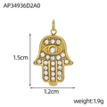 Detail view of gold Hamsa hand pendant with colorful zirconia and size dimensions - Gold Hamsa Hand With Clear Zirconia Style (AP34936D2A0)