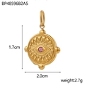 Macro shot of gold stainless steel evil eye pendant with purple zircon and size specs - Pink Purple Rhinestone (BP48596B2A5)