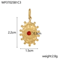 Detailed view of a gold oval pendant with scalloped edges and a 2.2cm height dimension - Red Stone Evil Eye Pendant (WP37025B1C3)