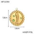 Ciondolo a quadrifoglio rotondo placcato oro vintage con strass verdi e rilievo - Piastra Lisca di Pesce Strass Verde (HP1337B1)
