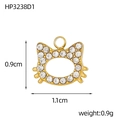 Gold stainless steel cat charm with white rhinestones and size dimensions 0.9cm x 1.1cm - Gold Rhinestone Cat Head Style (HP3238D1)