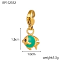 Detailed macro view of tropical fish charm with dimensions and gold-plated green enamel finish - Emerald Green Fish (BP1623B2)