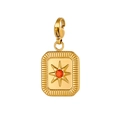 Macro detail of a gold square charm with red gemstone and lobster clasp for DIY jewelry - Red Gem Square Starburst (BP1509B5)