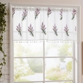 Detailed lace cafe curtain featuring lavender embroidery and white pom-pom fringe trim - Pink Lavender Style (Small)