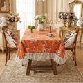 Mantel vintage francés naranja con flores y pájaros y bordes de encaje elegantes - Mini Cuadrado / Naranja Cálido