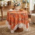 Nappe ronde orange à motif floral vintage français avec bordure en dentelle blanche - 60*60cm / Orange Chaud