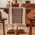 Handwoven boho table runner with brown and white stripes and tassel fringe - 30*50cm / Brick Red Mix Rice White