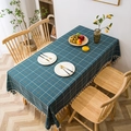 Elegant dark green plaid tablecloth with gold grid and white tassel trim for dining tables - 140*220cm / Green
