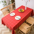 Red checkered tablecloth with colorful pom-pom tassels on a wooden dining table - 140*220cm / Red