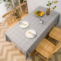 Minimalist grey rectangular tablecloth with yellow plaid pattern and white fringe - 140*220cm / Gray