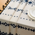 Bohemian cotton linen tablecloth with blue geometric patterns and black handmade tassels - 150*240 / Small Cube