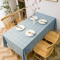 Light blue plaid tablecloth with white tassels for rectangular dining tables - Blue