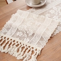 Chemin de table en dentelle beige vintage avec motifs floraux et bords frangés - 30*45cm / Blanc Cassé Gloire du Matin Long Gland