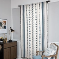 Bohemian cotton linen curtain with blue geometric print and black tassels in rod pocket style - Argyle / 150cm Wide * 180cm High