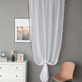 White semi-transparent sheer curtain with colorful tassels and bottom tieback design - White