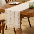 Boho τραπεζομάντηλο runner σε κρεμ χρώμα με χειροποίητα σχέδια και διακοσμητικά φούντες - 30*45 / Λευκό